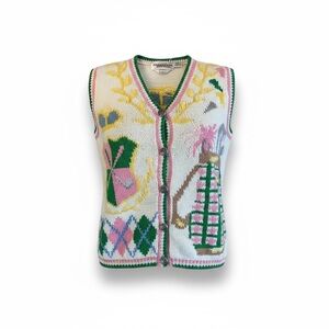 Vintage the eagle's eye Button Up Vest. Scottish Golf Theme Size S Hand Knitted